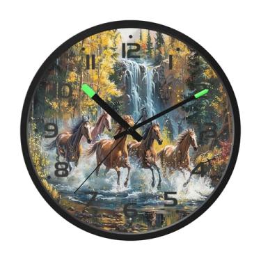 Imagem de SEHANY Relógio de parede artístico majestoso cavalos silencioso, sem tique-taque, relógio redondo operado por bateria, controle de som, luz noturna, relógios de parede para sala de estar, cozinha