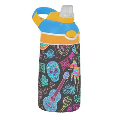 Imagem de Garrafa de água infantil Tritan de 473 ml, portátil, 473 ml, com canudo à prova de vazamento, copo de viagem para crianças, alça de transporte, crânio maximalismo legal preto