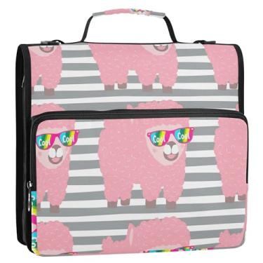 Imagem de Fichário fofo rosa alpaca arco-íris legal 3 anéis fichários resistentes com zíper fichário organizador fichário com alça bolsa de ensino médio carteira de armazenamento de desenhos animados com alça