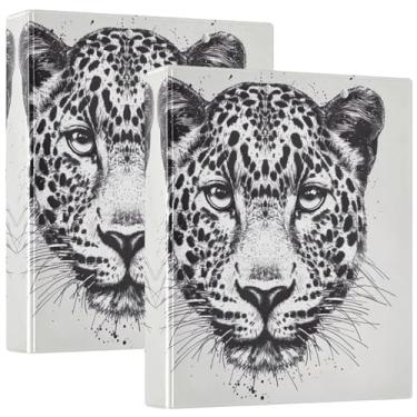 Imagem de Fichários de 3 anéis com cabeça de leopardo preto e branco de 3 polegadas comporta 200 folhas, fichário de carteira fofo, anel redondo, 31,5 x 27 x 6 cm, pacote com 2