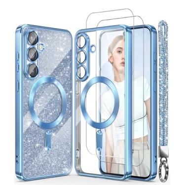 Imagem de DagoRoo Capa magnética para S26 Ultra + 2 películas protetoras de tela, borda dourada banhada de luxo [cartão de glitter e alça de pulso] Capa fina e macia de TPU (poliuretano termoplástico