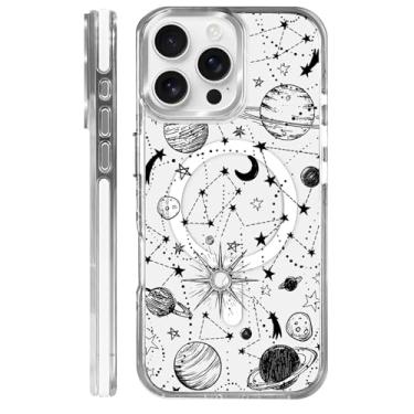 Imagem de casesok Capa para iPhone 16 Pro Max compatível com Magsafe, design estético claro bonito para meninas e mulheres, capa rígida protetora antiqueda para iPhone 16 Pro Max-Stars Moons Lines Planets