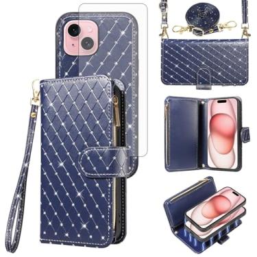 Imagem de Capa carteira compatível com iPhone 15 de 6,1 polegadas com zíper e protetor de tela de vidro temperado, alça transversal, flip com glitter, suporte para cartão, capa para celular i Phone15 i15 15