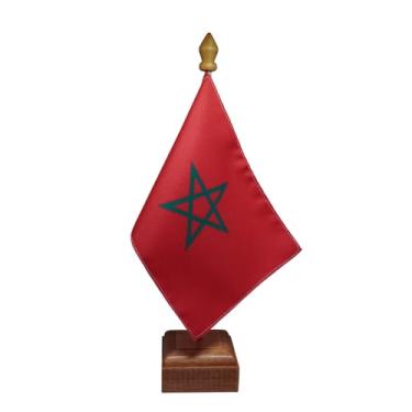 Imagem de Bandeira de Mesa Elegance Marrocos, Decorativa, Dupla Face, Multicolorido, 19x30cm, Base em Madeira Natural, para Escritório, Eventos e Decoração