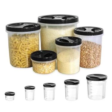 Imagem de Kit Conjunto 5 Potes Plástico com Tampa Rosca Preta Porta Mantimentos 500ml a 6L Livre de BPA Micro-ondas Freezer Lava-Louças Armazenar Alimentos Arroz Feijao Cozinha Macarrão Transparente