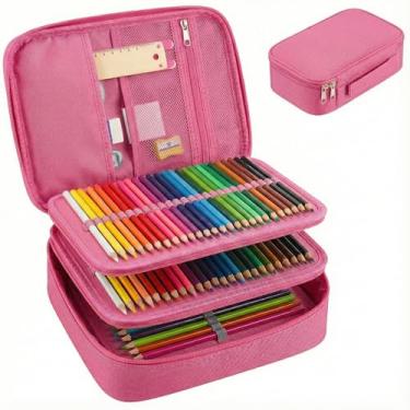 Imagem de Estojo Escolar Box 72 Pens Nylon com Alça – Organizador Jumbo Grande com Divisória e Elásticos – Capacidade até 100 Lápis – Menino e Menina (Rosa)