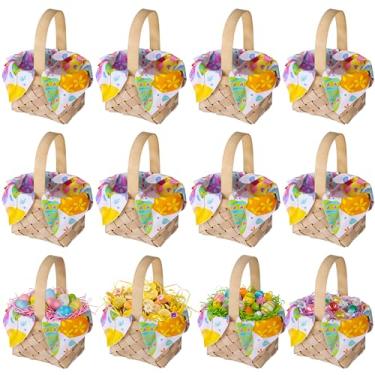 Imagem de Potchen 12 mini cestas de tecido com alças, mini cesta de piquenique de bambu com guardanapo de ovo de Páscoa e grama de ráfia para decoração de casa de fazenda de Páscoa, piquenique, casamento
