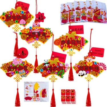 Imagem de Winlyn 24 Sets Lunar New Year Craft Kits DIY Chinese Fan-shaped Good Luck Knot Tassel Ornaments Decorations Spring Festive Foam Stickers for Kids Asian 2026 Horse Year Classroom Activities Party Favor