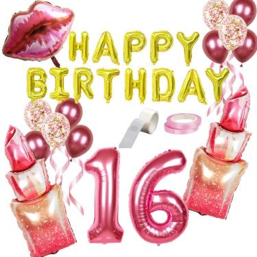 Imagem de Kit de balões Happy Birthday 16 Mylar Lipstick Pink Lip x18