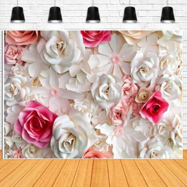 Imagem de Pano de fundo de flores de papel rosa e branco para fotografia romântico lindo papel parede casamento chá de panela banner de fundo (2,1 x 1,5 m)
