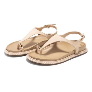 Imagem de Coutgo Sandálias rasteiras femininas confortáveis chinelos tanga palmilha sandália tira no tornozelo verão praia sapatos, Bege, 39