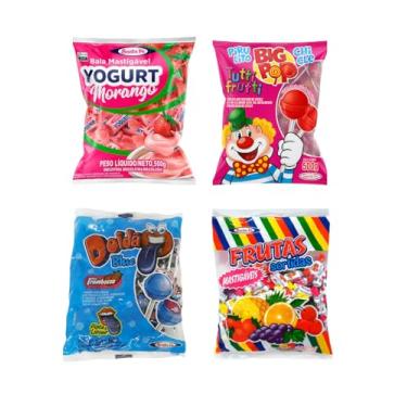 Imagem de Santa Fé Kit Doces Sortidos, 4 Pacotes de Balas e Pirulitos, Sabores Variados, 500g Cada, Frutas Sortidas, Yogurt Morango, Tutti Frutti, Doidao Blue