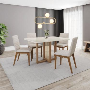 Imagem de Conjunto Mesa Natalí 120cm Canto Arredondado com Vidro 4 Cadeiras Elena Marrom/Off White
