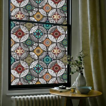Imagem de OHTMERU Película decorativa de privacidade para janela de vitral, adesivo de vidro fosco com aderência estática, opaco, controle de calor, bloqueio UV, filme boho para janela para porta da frente