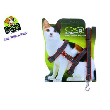 Imagem de Conjunto Peitoral Jeans Regulável com Guia para Gatos - Segurança e Es