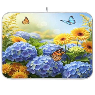 Imagem de Tapete de secagem de pratos com flores de borboleta azul primavera, 40,6 x 45,7 cm, absorvente para pratos, escorredor de pratos, protetor para cozinha, secagem rápida