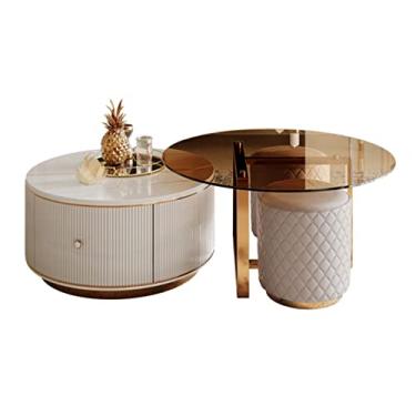 Imagem de Conjunto de 2 mesas de centro redondas modernas para sala de estar, mesa de centro circular com topo e gaveta exclusivos, conjuntos de mesa central grande e pequena e mesa de canto simples
