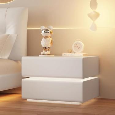 Imagem de Mesa de cabeceira de madeira com 2 gavetas e sensor de luz para quarto, armário de armazenamento de cabeceira moderno de couro