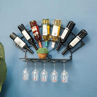 Imagem de Rack de vinho montado na parede com suporte de taça de vidro, suporte de vinho suspenso de metal, bar, adega de vinho, balcão de cozinha, prateleiras flutuantes de exibição de armazenamento