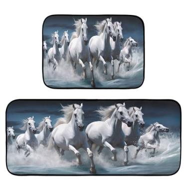 Imagem de xigua Conjunto de 2 peças de tapetes e tapetes de cozinha de cavalo branco absorvente macio para chão tapete de cozinha antiderrapante conjunto de capacho de cozinha, 50 x 120 cm + 50 x 70 cm