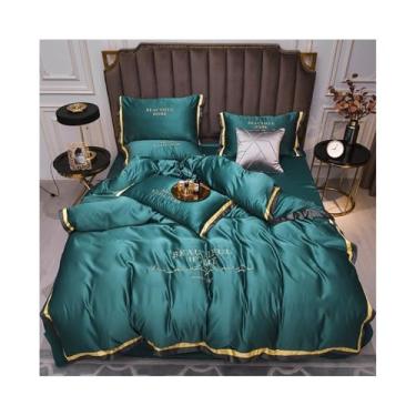 Imagem de Conjunto de cama King Queen de cetim de luxo, cor pura, 4 peças, capa de edredom de rayon sedoso macio com zíper (verde campo, tamanho king 4 peças)