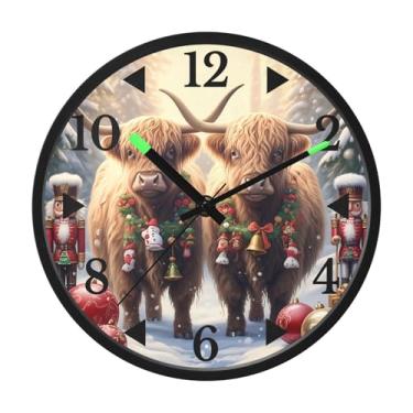 Imagem de STAYTOP Christmas Highland Cows Relógio de parede LED para quarto com brilho noturno, relógios de parede silenciosos de 30 cm para decoração de sala de estar, controle de som, relógio de parede