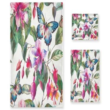 Imagem de xigua Conjunto de toalhas de banheiro de flores e borboletas absorvente macio 3 peças toalha de banho toalha de mão toalhas decorativas para banheiro, academia, hotel, praia, piscina