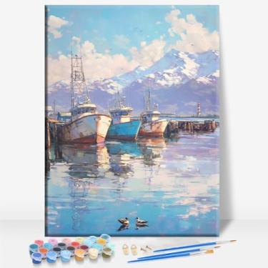 Imagem de HUINORYA Valdez Fishing Harbor Alaska Tela emoldurada DIY Kit de pintura por números bar café caverna sala de casa parede banheiro varanda pátio decoração presente, 40,6 x 30,5 cm