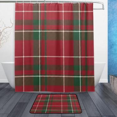 Imagem de Kigai Conjunto de tapetes de cortina de banho com padrão de grade de búfalo de água verde vermelho 2 peças, conjunto de tema de banheiro (152 x 182 cm) com cortina de chuveiro e tapete antiderrapante