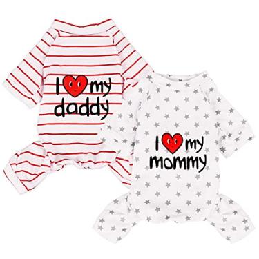 Imagem de Pacote com 2 pijamas de algodão leves para cães e gatos pequenos, médios para cães e gatos, macacão fofo para bebês e cachorros I Love My Mommy/Daddy, PP