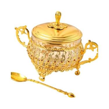 Imagem de Açucareiro De Vidro Dourado Com Tampa E Colher, Pote De Temperos E Doc
