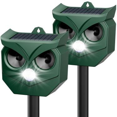 Imagem de Repelente ultrassônico de animais com luzes estroboscópicas de LED - alimentado por energia solar ao ar livre para esquilos, veados, guaxinins, coelhos, gambás, gatos, cães - Protege jardim, quintal