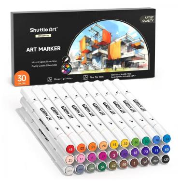 Imagem de Conjunto de Canetas Artisticas 30 Cores à Base de Álcool de Ponta Dupla para Adultos e Criação de Cartões, Shuttle Art