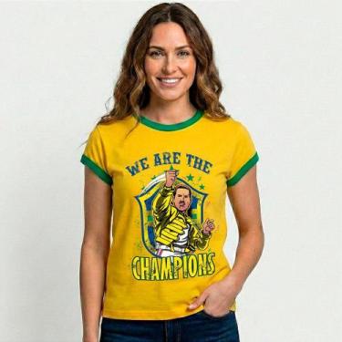 Imagem de Camiseta Brasil 'We Are The Champions' Amarela com Gola e Punhos Verde