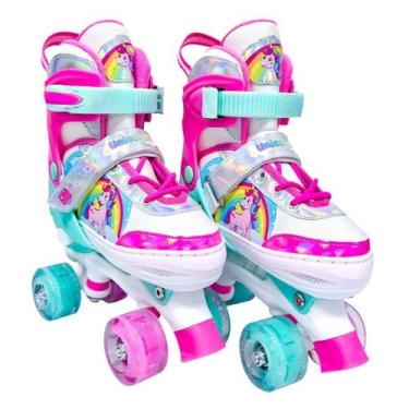 Imagem de Patins Unicornio 4 Roda Infantil Ajustável 34-37 Rosa DmToys - DM Toys