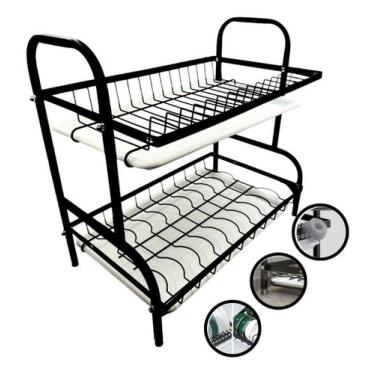Imagem de Escorredor De Louça Aço 2 Andares Cozinha Prato Panela Preto Preto - E