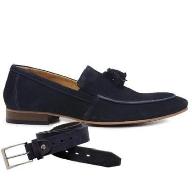 Imagem de Sapato Social Azul Couro Bambolim + Cinto 07885-Masculino