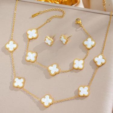 Imagem de Conjunto de três peças de colar pulseira e brincos de flor de quatro f