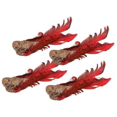 Imagem de Kit Passarinho Natal Penas Pérolas Vermelho 16cm 4 Un Magizi