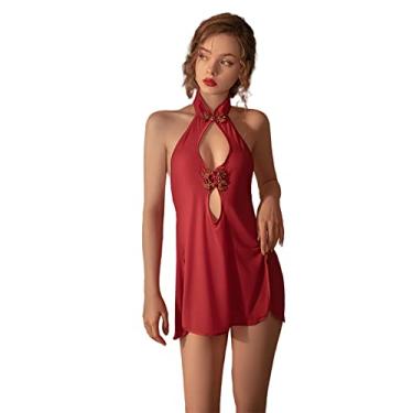 Imagem de Temptshow Fantasia feminina chinesa sexy de lingerie tradicional anime cheongsam (vinho tinto)