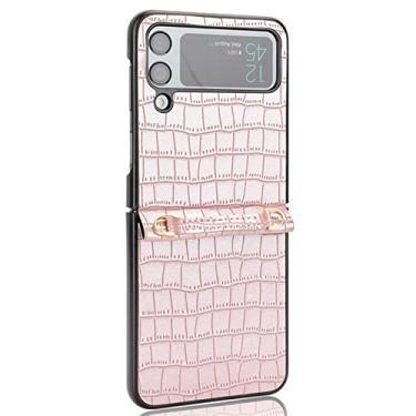 Imagem de YINGDAFENG Capa para Samsung Galaxy Z Flip 4, capa traseira de couro PU slim fit com alça de pulso e proteção da câmera à prova de choque capa protetora de PC rígido, rosa