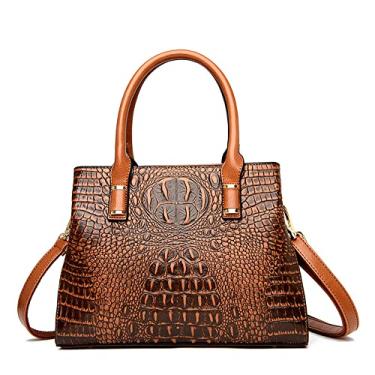 Imagem de Bolsa feminina de crocodilo com alça superior grande, bolsa transversal de couro, moderna, ombro, Marrom