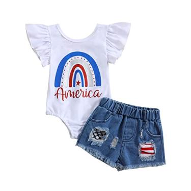 Imagem de Macacão infantil infantil meninas 4 de julho palavras manga curta dia da independência macacão shorts bandeira dos EUA gêmeos presentes para bebês (branco, 5-6 anos)