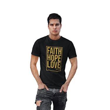 Imagem de Camiseta Camisa Faith Hope Love Gospel Dourado Masculina Preto Tamanho:M