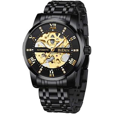 Imagem de Relógios masculinos mecânicos automáticos de aço inoxidável esqueleto de luxo à prova d'água com mostrador de diamante para homens, Preto, 41 mm, Mecânico, corda automática