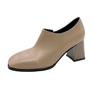 Imagem de Botas femininas de cano curto, simples, sapatos de couro sólido, salto quadrado, confortável, salto grosso, botas de bronze para mulheres, Caqui, 8