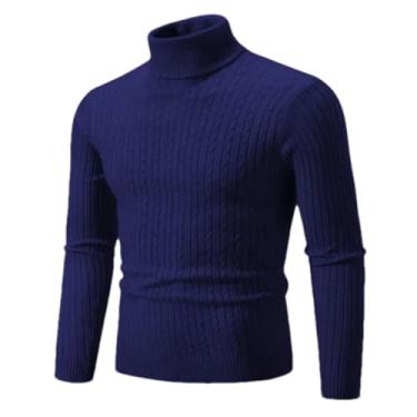 Imagem de KANG POWER Suéter quente de gola rolê outono inverno suéter masculino pulôver fino suéter masculino malha camisa inferior, Azul marino, X-Small