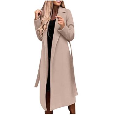 Imagem de BFAFEN Casaco feminino trench coat comprimento médio lapela entalhada casaco de manga comprida com cinto jaqueta elegante de inverno, Bege, M