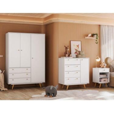 Imagem de Quarto Infantil com Cômoda, Guarda Roupa e Mesa de Cabeceira Retrô Luna Branco