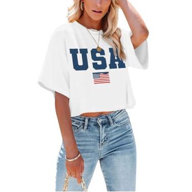 Imagem de Camiseta cropped feminina com bandeira americana EUA camiseta patriótica 4 de julho Memorial Day camiseta feminina cropped tops, Branco (EUA-white), P